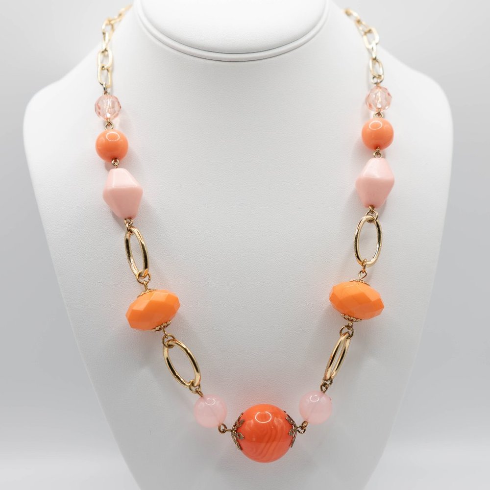 Orange and  Peach Beaded Necklace- Gold Tone